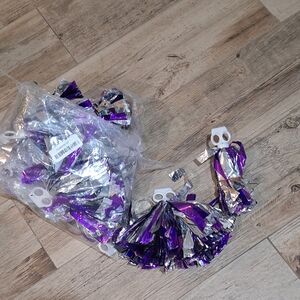 NWT Pack Of 12 Purple and Silver Party Pom Poms With Finger Holes